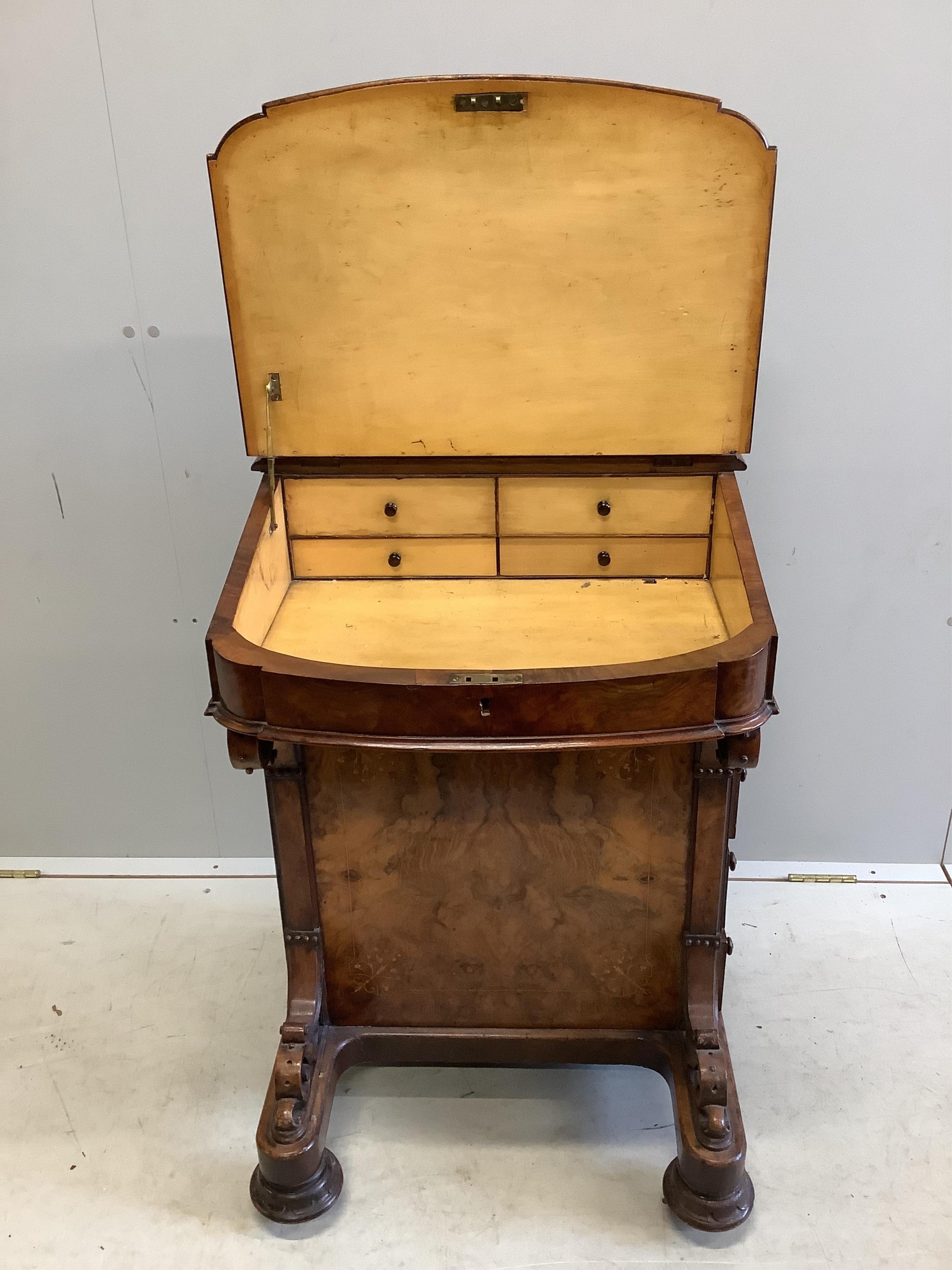 A Victorian inlaid burr walnut Davenport, width 56cm, depth 54cm, height 90cm. Condition - fair to good